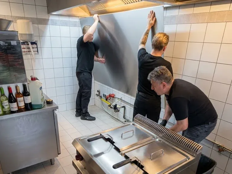 Monteurs van Horé-Plaza plaatsen een RVS-achterwand bij de installatie van een horecakeuken